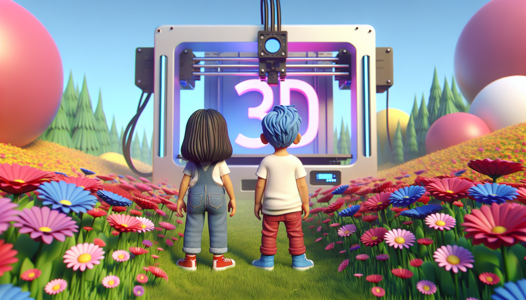 Ferienzeit im BayernLab Traunstein verbringen Comic-Stil. 2 Kinder stehen auf einer Blumenwiese und schauen auf einen 3D-Drucker. Links und rechts am Bildrand sind große weiße und rostbraune kugelförmige Gebilde.