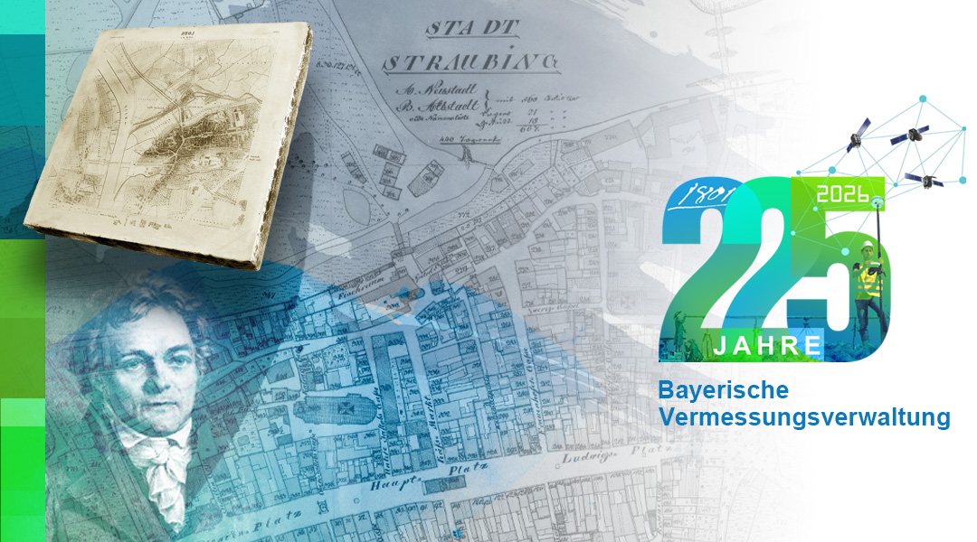 Graphik mit Logo zum Jubiläum 225 Jahre Bayerische Vermessungsverwaltung, Katasteruraufnahme, Stich von Senefelder und Lithographiestein