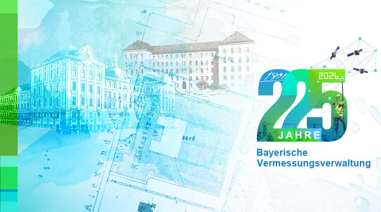 Graphische Darstellung; Hauptgebäude des LDBV in München, Logo 225 Jahre Bayerische Vermessungsverwaltung
